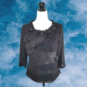 Amanda Collection Women's Top Size S Black Layered Sheer Embellished Collar